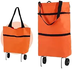 Carrinho De Feira Dobrável Supermercado Sacola Bolsa de Compras Com Rodinhas e Alça,Supermercado, Cozinha(Laranja)