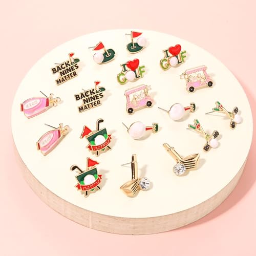 6/9 Pairs Golf Earrings for Women Golf Ball Bag Cart Dangle Earrings Enamel Golf Tee Club Stud Earrings Putting Green Earrings Sport Game Day Earrings Golf Jewelry Accessories Outfits Gifts3