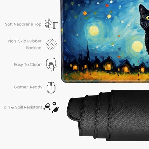Image of Large Mouse Pad Gaming Desk Mat Black Cat Mousepad XXL 31.5''X15.75'' Desk Pad Extended Mouse Mat of Girl Desktop Computer with Coaster