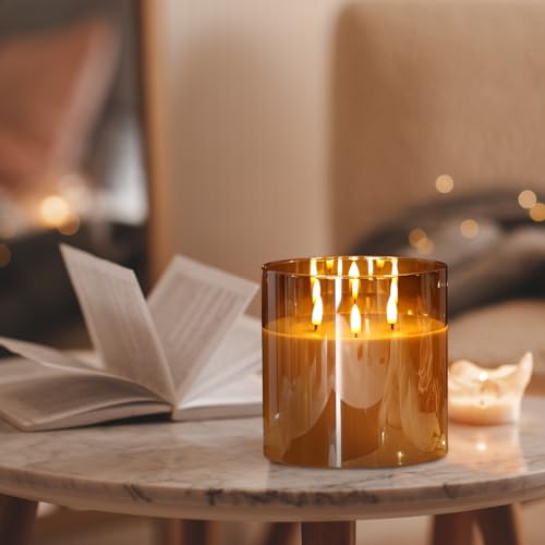 Eywamage 3 Wick Gold Glass Flameless Candle with Remote, Large Flickering LED Battery Pillar Candle Φ 6\" H 6\" - Thumbnail 6