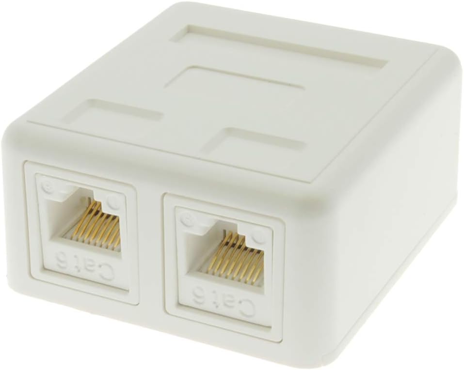2 Port Cat.6 Keystone Jack Surface Mount Box, Biscuit, with RJ45 Keystone Jack White (10-Pack)