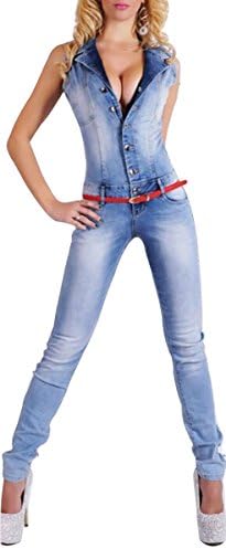 Misslin Women's Bodycon Sexy Lapel Collar Denim Long Jumpsuits L Jean Blue