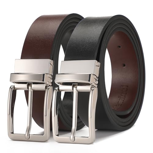 Image of Glamicci Reversible Genuine Leather Belt| Mens & Womens|33-34mm-1.3" wide| 2in1|Adjustable Strap-Trim to Fit-114 (BLK/BRN114Sil Buckle, L:Up to 40” Waist Trim to adjust)