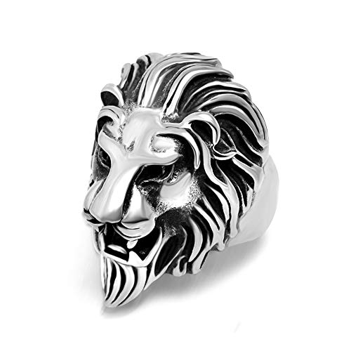 DGHJ Lion Head Ring for Men Stainless Steel Vintage Gothic Biker Roaring Lion Head Animal Rings Punk Lion Jewelry Gift for Men (Lion S 13)