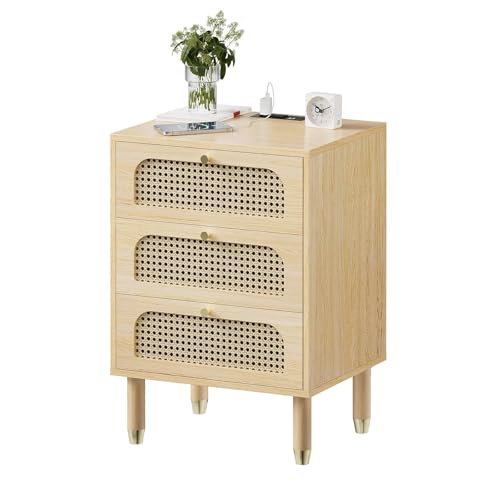 LEADZM Rattan Nachttisch mit Ladestation, Nachttische 3 Schubladen, Boho Endtisch/Beistelltisch, Rattan Nachttisch für Schlafzimmer (1, Eiche) LEADZM Rattan Nachttisch mit Ladestation, Nachttische 3 Schubladen, Boho Endtisch/Beistelltisch, Rattan Nachttisch für Schlafzimmer (1, Eiche)