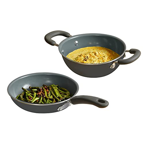 Image of Meyer Anzen Healthy Ceramic Coated Cookware Set - 20cm Frypan, Kadai with Interchangeable Lid, Grey, 3-Piece
