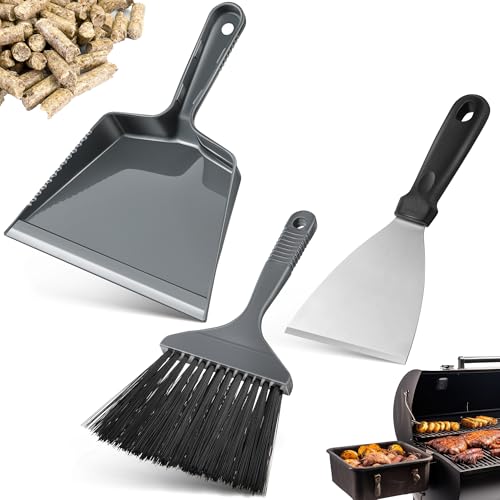 Gulfmew 3 Piece Pellet Grill Ash Cleaning Kit Includes Large Dust Pan Soft Bristle Brush and Metal Scraper for Easy Removal of Ash Debris and Grime