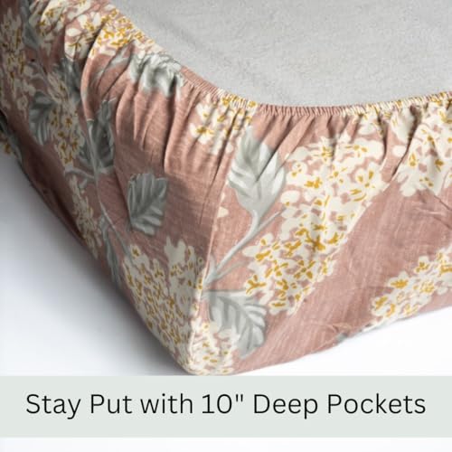 Image of Amazon Brand - Umi Cotton Fitted Bedsheet, Queen Size 78x60 Inches, Elastic Fit Bed Sheet, 10 Inch Deep Pocket, Soft Breathable Bedding, Durable Easy Care, with Pillow Cover-Rustic Garden-Rust
