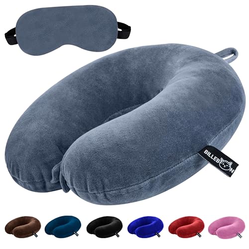 Billebon Premium Neck Pillow Eye Mask Combo Airplane Travel Pillow with Comfortable Velvet Sleeping Eyemask Head Rest Pillow (Grey Neck Pillow with Eye Mask)