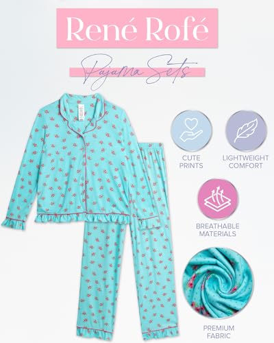 Rene Rofe Girls' Pajama Set - 2 Piece Long Slevee Button Down Pajama Shirt and Pants Set - Cozy Printed Matching Pajamas 4-122