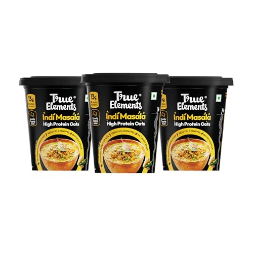 Image of True Elements Indi Masala Protein Oats 62g Pack of 3 | Spicy & Tangy Indian Masala Flavour | Savoury High Protein Oats Cup