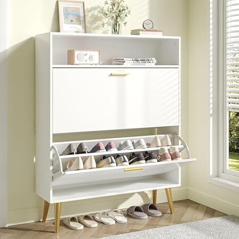 JOZZBY Shoe Cabinet Storage for Entryway, Freestanding Slim Shoe Organizer Cabinet with 2 Flip Drawers, Narrow Shoe Rack with Open Shelves for Hallway, Living Room, White Cover