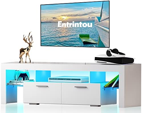 Entrintou Modern LED TV Stand for 55/60/65 Inch TVs with LED Lights, High Gloss Gaming White Entertainment Centerwith with Open Shelves and Storage, TV Table Media Console for Living Room Bedroom