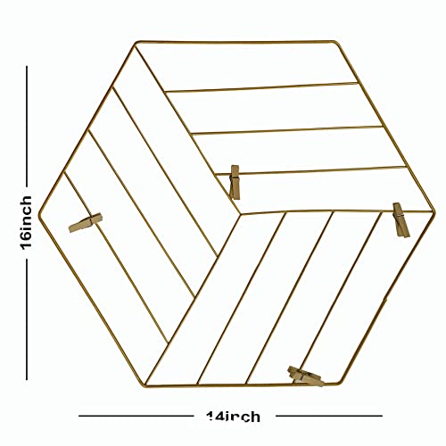Image of Art Street Hexagon Shape DIY Metal Photo grid wall for photo hanging, wall decoration and display (size- 35 x 40 cm) -Photo clips included-Gold Color