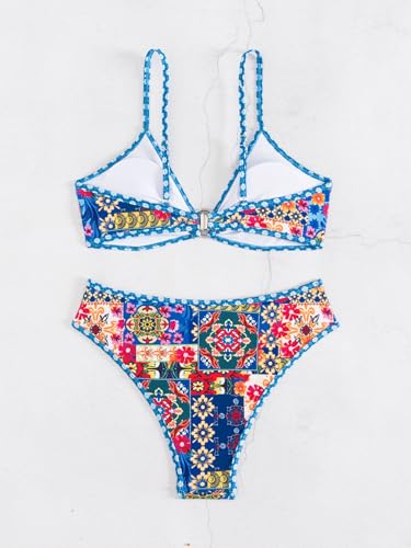 Image of Fanuerg Women's Triangle Bikini Sets O Ring Linked Two Piece Swimsuits Floral Printed Cheeky Bathing Suit