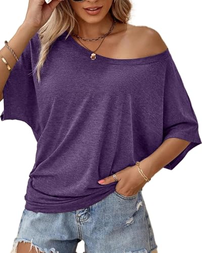 Image of Hilinker Womens Sexy Off The Shoulder Tops Short Batwing Sleeve T Shirt Oversized Casual Tee