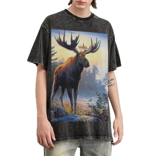 T-shirt vintage délavé pour homme en coton avec imprimé moose deer