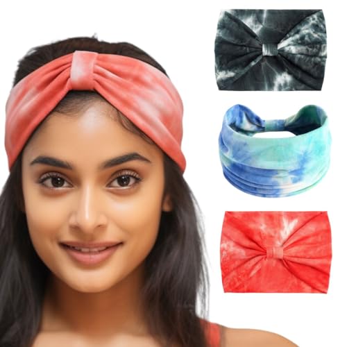 Image of XFYT Pack of 3 Tie-Dye Stretch Soft Hair Bands | Super Stylish Chic Fashionable high absorbtion Wide Headbands Set for Women Girls Yoga Sports Gym Workouts Exercise Tennis (Beau, Pack of 3)
