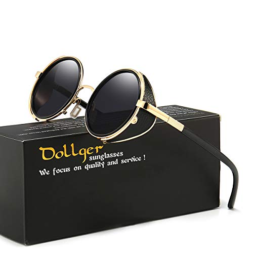 Dollger Steampunk Vintage Retro Round Sunglasses Metal Circle Frame (Black Lens+Gold Frame,100% Uv Protection Lens) #TOP5