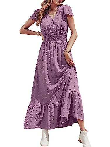 Image of PRETTYGARDEN Womens Dresses 2026 Summer Maxi Dress Boho Short Sleeve V Neck Swiss Dot Ruffle Tiered Smocked Flowy Long Dress
