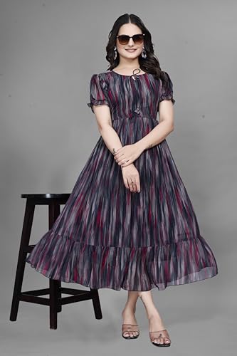 Image of Women Gown with Abstract Print | Georgette One Piece Dress with Puff Sleeves | Round Neck Tiered Midi Frock for Women | Ladies Western Maxi Dress