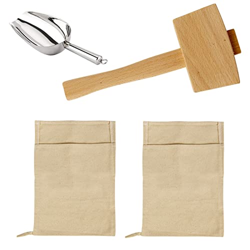 Lot de 2 sacs à glace Lewis et 1 maillet à glace – Sacs à glace pilés en toile réutilisables avec maillet en bois pour la maison, les fêtes, les bars, la...