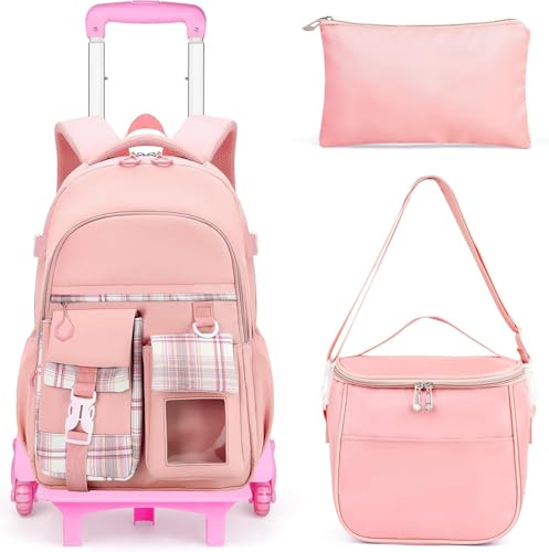 Joceiae Cute Rolling Backpack for Girls, Rolling Wheeled School Bag for Backpack