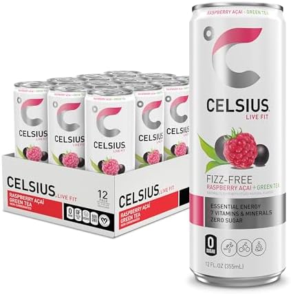 CELSIUS Raspberry Acai Green Tea Non-Carbonated Fitness Drink, Zero Sugar, 12oz. Slim Can (Pack of 12)