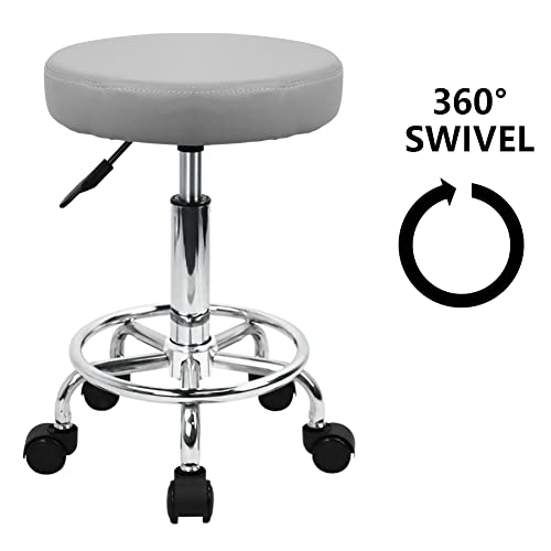 KKTONER PU Leather Round Rolling Stool with Foot Rest Swivel Height Adjustment Spa Drafting Salon Tattoo Work Office Massage Stools Task Chair (Grey) by KKTONER - Image 4