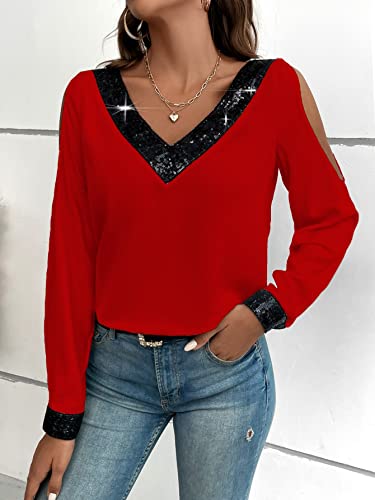 SOLY HUX Women's Contrast Sequin Blouse V Neck Cold Shoulder Long Sleeve Blouse Tops4