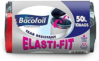 Bacofoil Elasti-Fit Kitchen Bin Liners with elastic tie handles, Ultra Durable, 50L x 10 bags