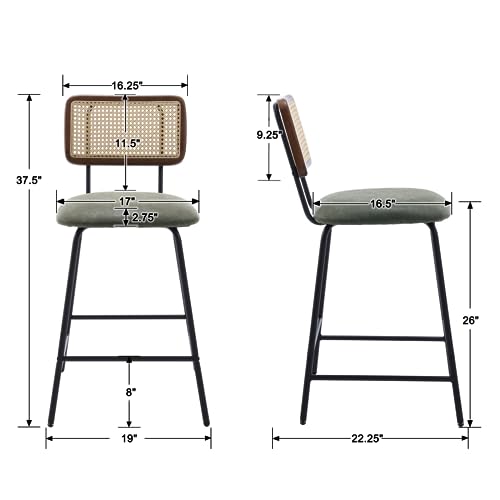 Image of Bar Stools Set of 4, 26 inch Modern Rattan Counter Height Bar Stools with Metal Legs, Upholstered Faux Leather Barstools with Cane Backrest for Kitchen Home Bar Restaurant, Green
