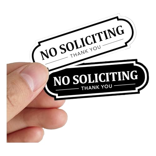 Black and White No Soliciting Sign Stickers – Waterproof Doorbell Stickers for Ring Doorbell, Brick, or Front Door – Outdoor Tiny Sticker Signs – 2 Sizes, Pack of 8