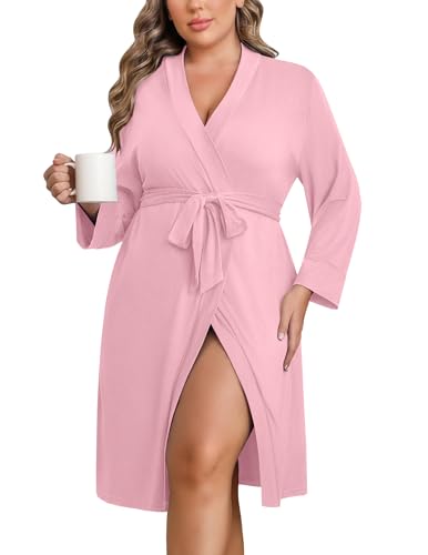 Image of Ekouaer Women Plus Size Robe Knee Length Lightweight Bathrobe Short Kimono Robes with Pockets Maternity Robe
