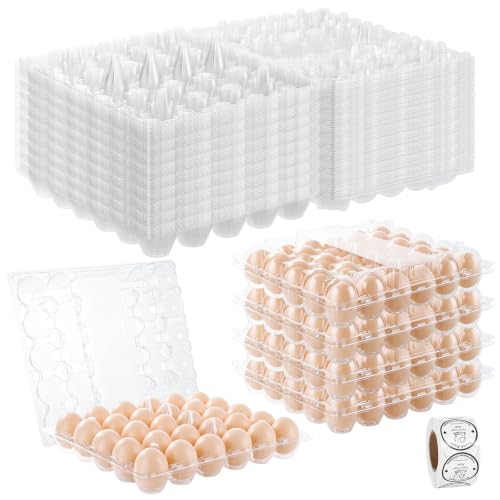 Oungy 16 Pcs Egg Cartons Bulk, Clear Plastic Egg Carton Boxes with Label Roll, 5 x 6 Grid for Medium Eggs, Farm Stand, Market Display, Fridge Storage Use