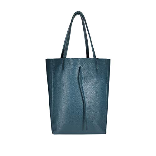 SKUTARI® LEDER Vittoria Classic - Damen Shopper aus echtem Leder, Handtasche mit eingenähter Innentasche, handgefertigt in Italien, Fashion Tragetasche mit langen Griffen, 37 x 38 x 14 cm (Petrol) Cover