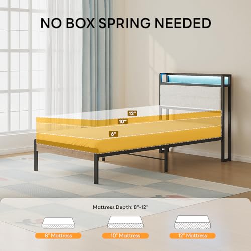 Image of LIKIMIO Twin Bed Frame with Storage Headboard & LED Lights, Metal Platform Bed with Charging Station, Noise Free, No Box Spring Needed, Under Bed Storage, Natural and Cream