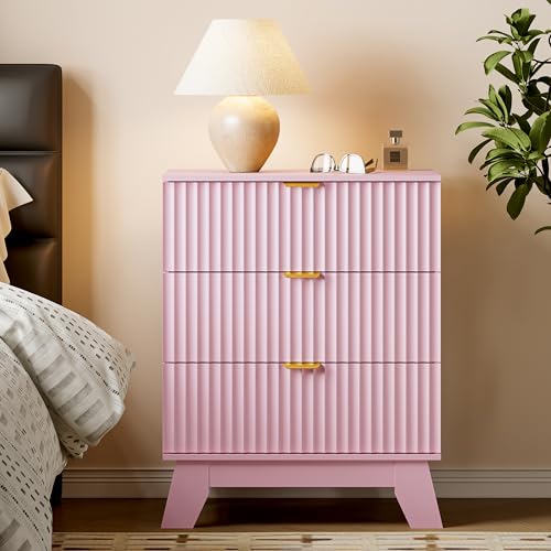 Image of BORNOON Fluted 3 Drawer Dresser, 30.3 inch Tall Compact Modern Boho Chest of Drawers, Wooden Storage Cabinet for Bedroom, Living Room, Entryway, Curved Profile Design