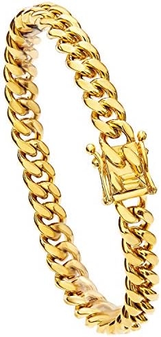 Gold Cuban Link Chain Necklace or Bracelet With Design Box Clasp for Men Boys 18K Gold Stainless Steel Hip Hop Miami Curb Chains(8MM, 9.5")