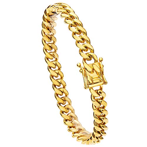 Gold Cuban Link Chain Necklace Or Bracelet With Design Box Clasp For Men Boys 18K Gold Stainless Steel Hip Hop Miami Curb Chains(8Mm, 9.5") #TOP3