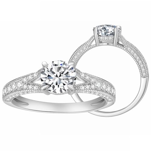 Blocaci Classic Round Engagement Rings for Women Platinum Plated Silver 1CT Center Moissanite Engagement Rings Vintage Women's Promise Ring