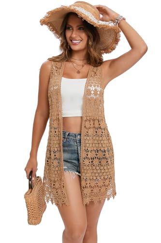 Image of GLEAMISS Women's Crochet Floral Vest Lace Trim Boho Sleeveless Cardigan
