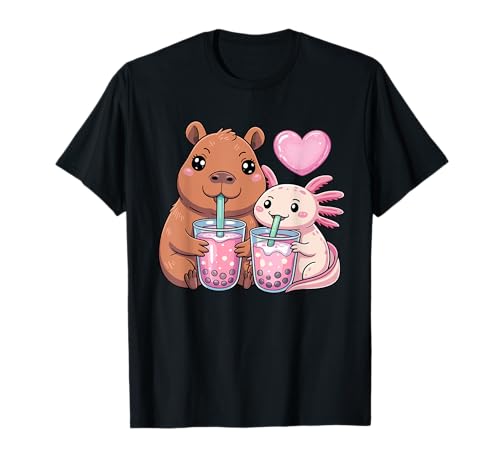 Axolotl And Capybara Bubble Tea Kawaii Filles Enfants T-Shirt