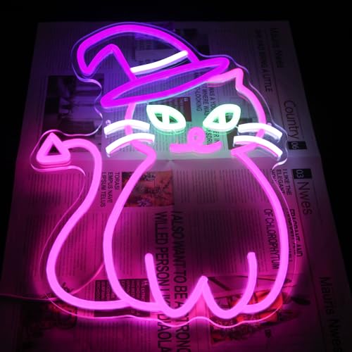 Image of Pink Cat with Witch Hat Neon Sign Halloween LED Light for Room Party Decor | Dimmable Animal Neon Light for Bedroom, Witch Cat Light Up Sign, Acrylic LED Signs for Wall Bar, USB Powered, Halloween Gifts