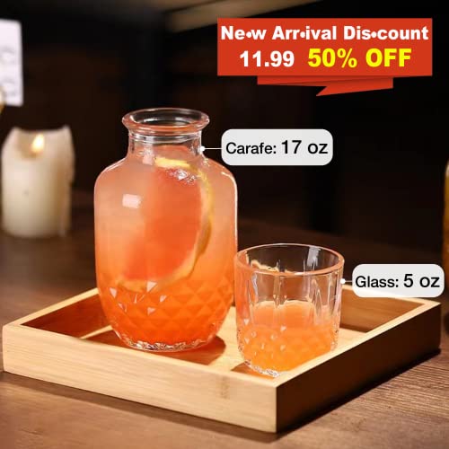 Bedside Water Carafe And Glass Set, Mfacoy 17 Oz Glass Pitcher & 5 Oz Cup, Bedside Night Carafe Pitcher And Water Glass Tumbler Set, Vintage Glass Water Pitcher With Cup Set For Bedroom #TOP1