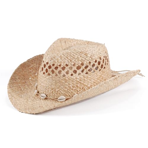 Image of Men's Cowboy Hats Summer Women Beach Cowgirl Hat Raffia Unisex Western Sun Hat
