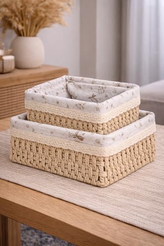 Wicker Woven Storage Baskets with Embossed Fabric Lining and Lace Set of 2 (Beige)