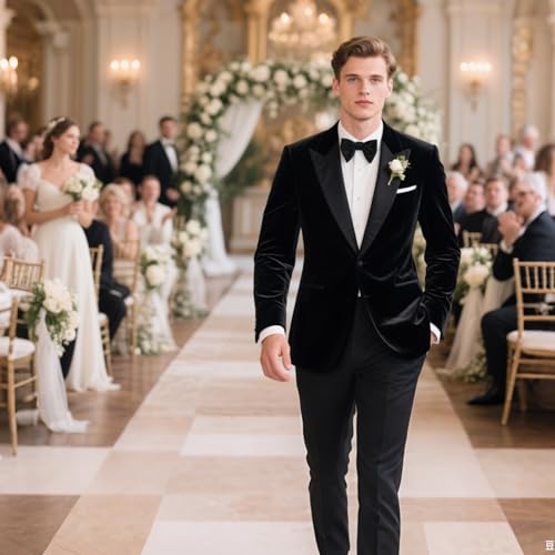 Mens Velvet Suit 2 Pieces Slim Fit Tuxedo Peak Lapel Blazer One Button Formal Jacket Pants for Wedding Prom Dinner3