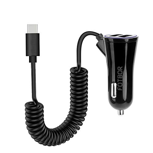 DECVO Sumsung Dual USB Port Car Charger with Cable, Two-Port USB and Type C Coil Cord for Sumsung Galaxy S9 S8 Plus/S7/S6/Edge/Note 5 8,HTC,LG G6 G5,Nexus 5X 6P, iPhone Xs MAX 8 7 6,iPad More (Black)
