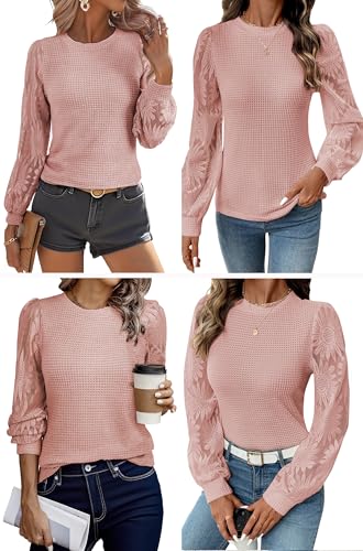 BLENCOT Womens Casual Crochet Top Mesh Lace Long Sleeve Shirts Waffle Knit Blouse Crewneck Shirt Fall Womens Tops Pullover3